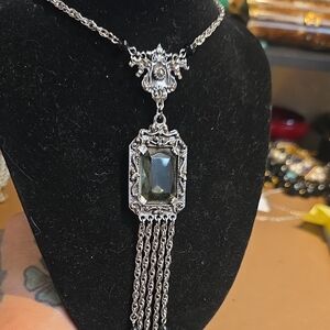 Sarah Coventry Silver-Tone Necklace with Smoky Green Glass Pendant